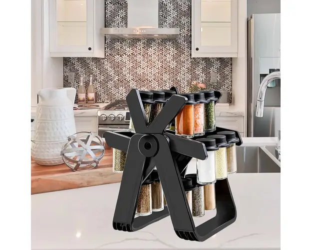 Set 18 recipiente condimente cu suport rotativ, 34x23 cm, pivotant 360, negru