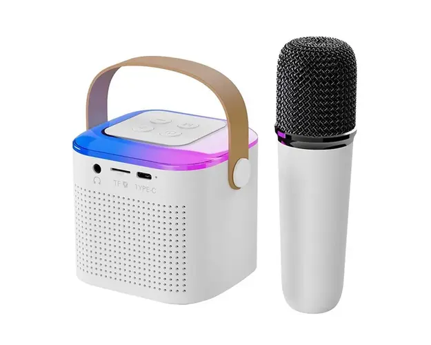 Boxa karaoke cu microfon wireless, difuzor portabil cu lumina RGB LED, alb