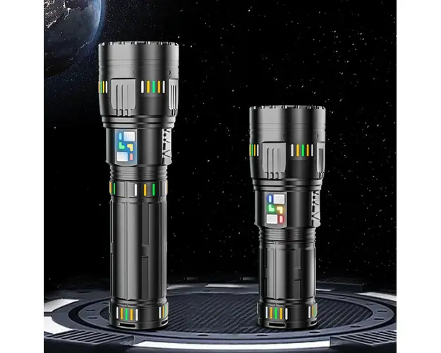 Lanterna profesionala cu led laser, 5km raza actiune, 30000 lumeni, 6 moduri luminare, 90W, incarcare USB-C, baterii incluse