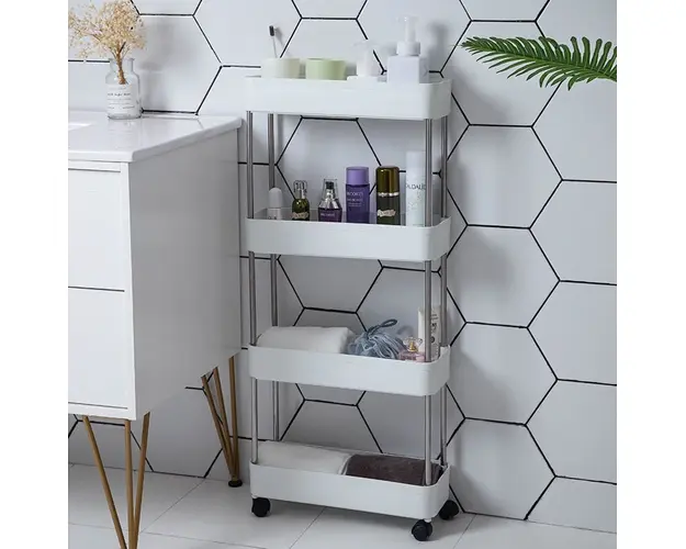 Carucior organizator slim, portabil, cu 4 rafturi, alb