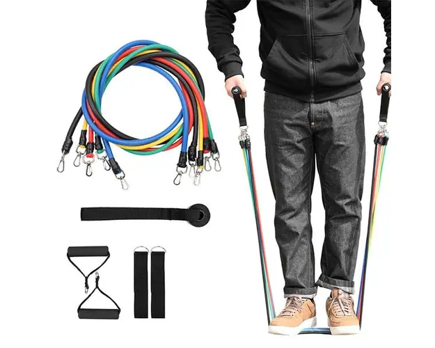 Sistem de antrenament fitness cu corzi extensibile, prinderi multiple, 11 piese