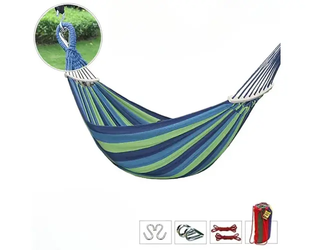 Hamac XL din bumbac cu bara de lemn, carabina metalica, 260x80cm/260x150cm, 1 persoana sau 2 persoane