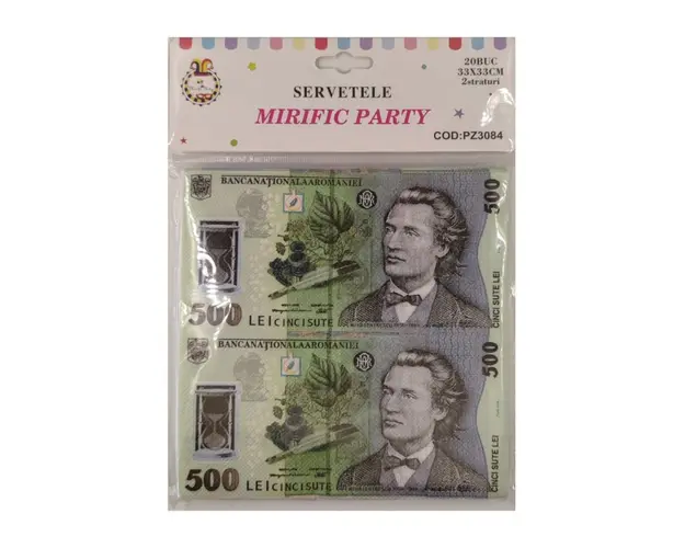 Set 20 servetele pentru petrecere in doua straturi, print Bani Romanesti, 33 cm x 33 cm