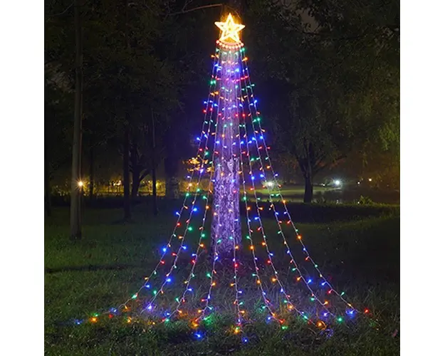 Instalatie solara perdea cu varf stea, 350 led, 9 franjuri, telecomanda