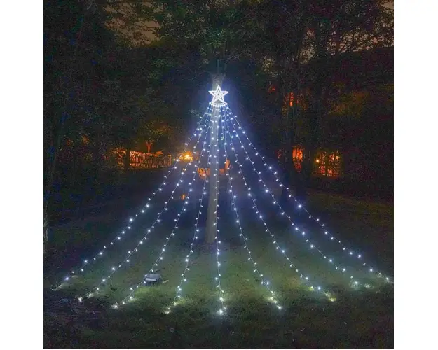 Instalatie solara perdea cu varf stea, 350 led, 9 franjuri, telecomanda