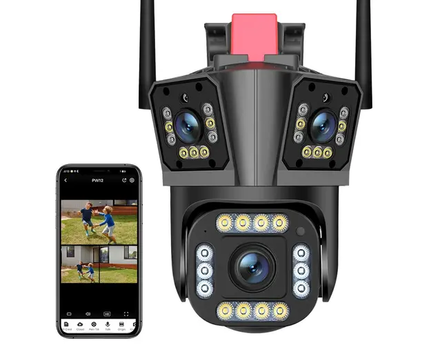 Camera de Supraveghere Tripla WIFI, 12MP, Exterior/Interior, Ultra HD, 5X zoom, Rotire, Leduri, Lumina, Comunicare Bidirectionala, Alarma, Senzor Miscare