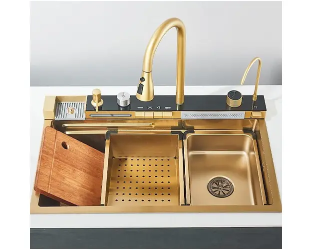 Chiuveta multifunctionala cu 2 cascade cu accesorii incluse, afisaj digital a temperaturii si robinet cascada, culoare Gold, 750x460mm