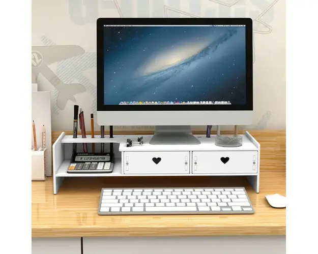 Suport multifunctional pentru monitor sau laptop, din PVC, cu 2 sertare