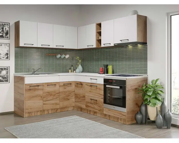 Set Mobila Bucatarie Colt Gastro 180*220 Alb/Stejar - C26