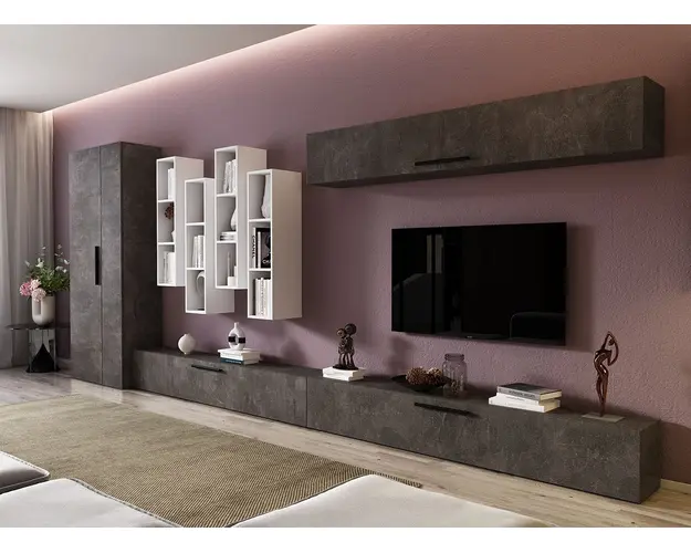 Living Pati 115 - Mobila Sufragerie Gri Beton + Alb