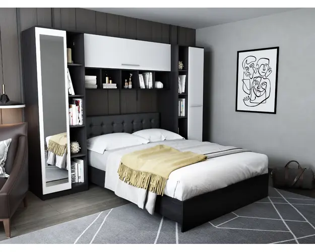 Set Mobila Dormitor Mario 2.87m pat incadrat si oglinda tapitat wenge