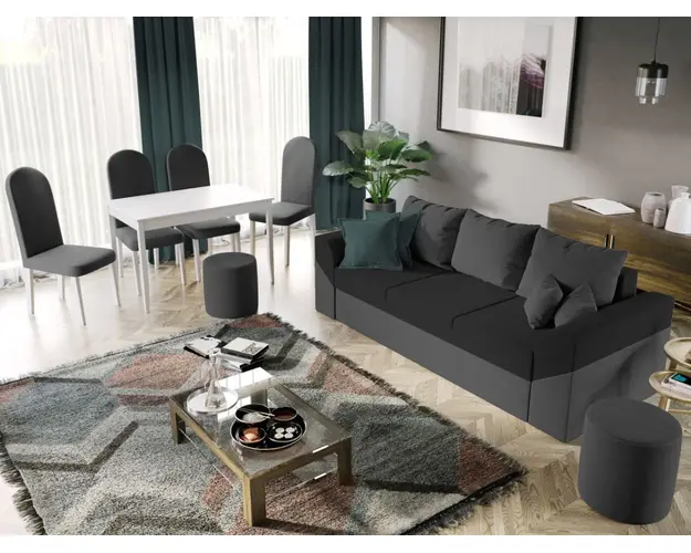 Pachet Mobila Canapea Cali Gri Antracit / Negru + Masa Grand Alba + 4 Scaune Grand Gri Inchis