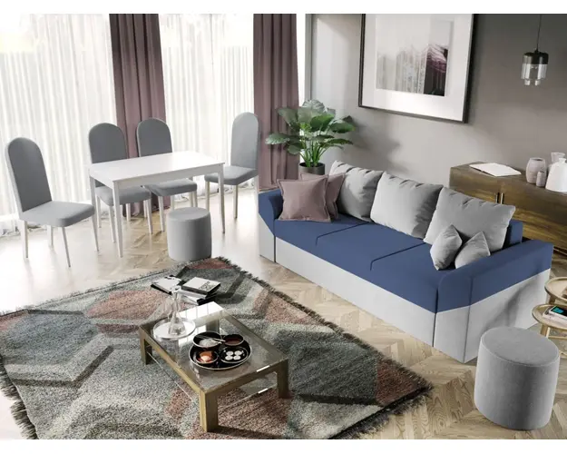 Pachet Mobila Canapea Cali Gri / Petrol + Masa Grand Alba + 4 Scaune Grand Gri Deschis