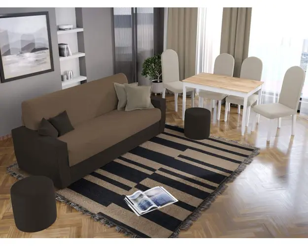 Pachet Mobila Canapea Corsica Crem / Maro + Masa Grand Stejar Auriu + 4 Scaune Grand Crem