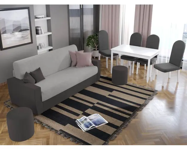 Pachet Mobila Canapea Corsica Gri / Gri Antracit + Masa Grand Alba + 4 Scaune Grand Gri Inchis