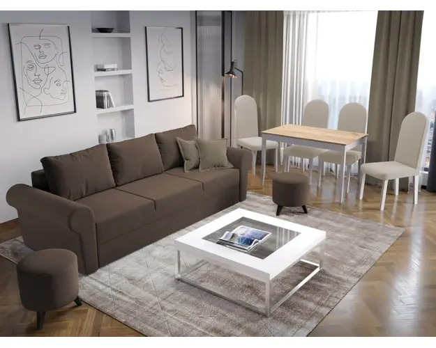 Pachet Mobila Canapea Maroc Maro + Masa Grand Stejar Auriu + 4 Scaune Grand Crem