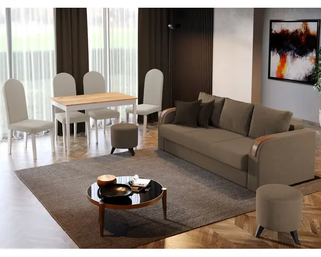 Pachet Mobila Canapea Morelia Cappuccino + Masa Grand Stejar Auriu + 4 Scaune Grand Crem