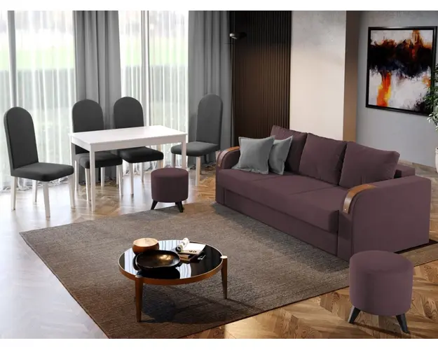 Pachet Mobila Canapea Morelia Visinie + Masa Grand Alba + 4 Scaune Grand Gri Inchis
