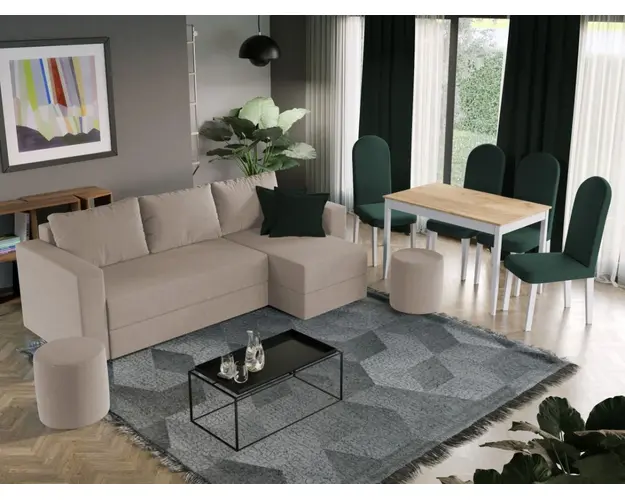 Pachet Mobila Coltar Alfa Crem + Masa Grand Stejar Auriu + 4 Scaune Grand Verde