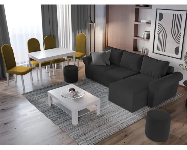 Pachet Mobila Coltar Bonito Gri Antracit + Masa Grand Alba + 4 Scaune Grand Mustar