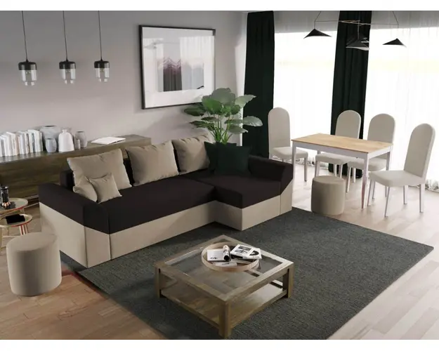 Pachet Mobila Coltar Cali Crem/Maro + Masa Grand Stejar Auriu + 4 Scaune Grand Crem