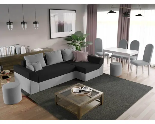 Pachet Mobila Coltar Cali Gri/Negru + Masa Grand Alba + 4 Scaune Grand Gri Deschis