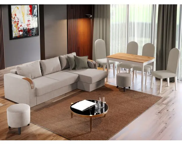 Pachet Mobila Coltar Morelia Crem + Masa Grand Stejar Auriu + 4 Scaune Grand Crem
