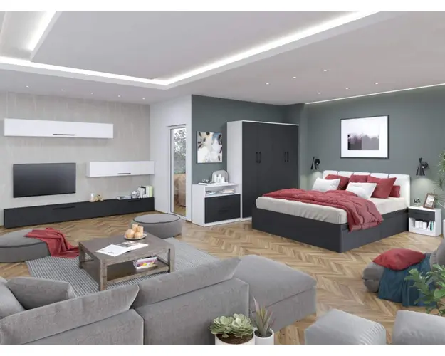 Pachet Mobila Dormitor + Living Gri Antracit / Alb