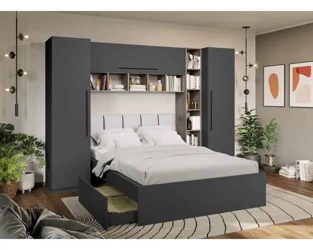 Set Mobila Dormitor Noce 2.84m cu pat tapitat Alb incadrat