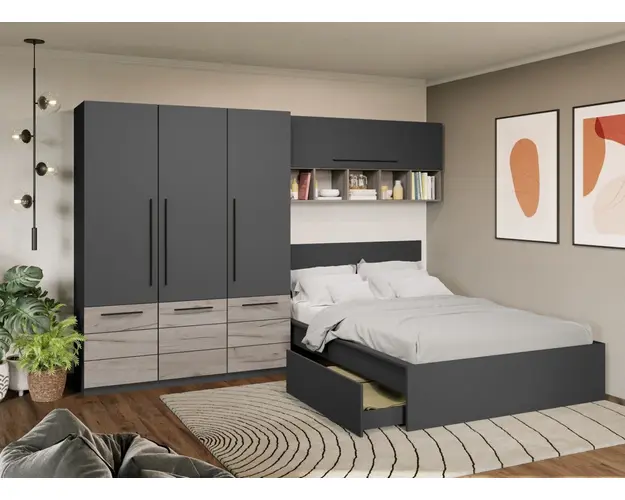 Set Mobila Dormitor Noce 3.05m cu pat incadrat