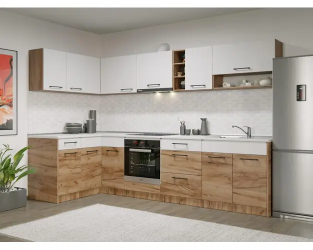 Set Mobila Bucatarie Colt Gastro 140*300 Alb/Stejar - C29