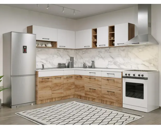 Set Mobila Bucatarie Colt Gastro 180*220 Alb/Stejar - C40