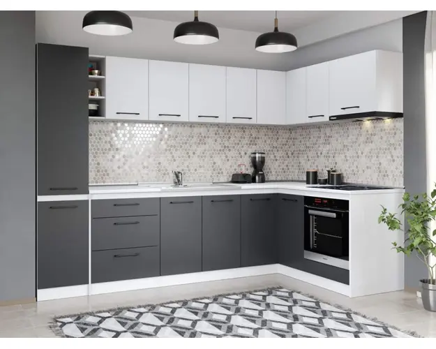 Set Mobila Bucatarie Colt Mina Dual 280*160 Gri Antracit/Alb C116