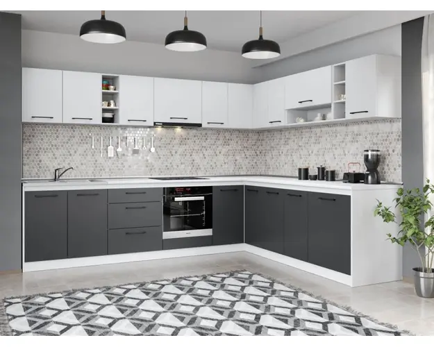 Set Mobila Bucatarie Colt Mina Dual 300*240 Gri Antracit/Alb C114