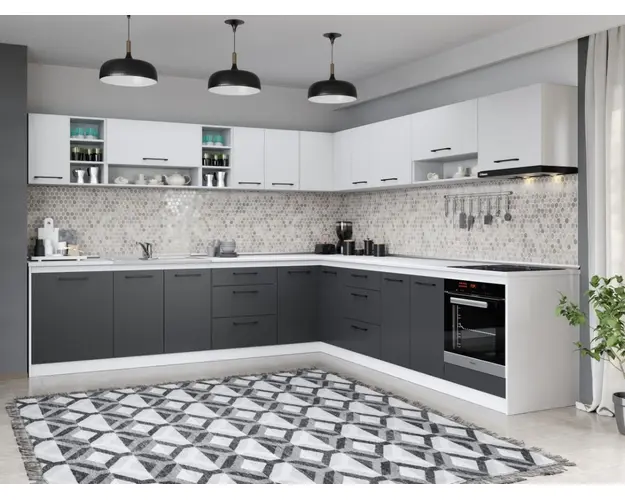 Set Mobila Bucatarie Colt Mina Dual 300*300 Gri Antracit/Alb C117