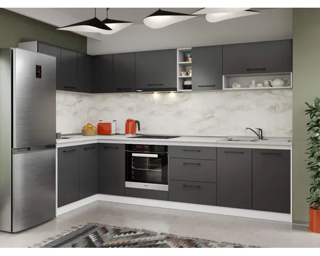 Set Mobila Bucatarie Colt Mina Grafit 140*300 Gri Antracit - C89