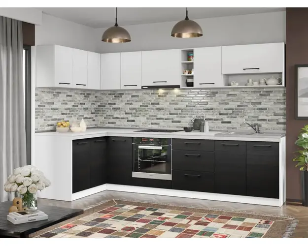 Set Mobila Bucatarie Colt Mina Yang 140*300 Ferrara/Alb C143