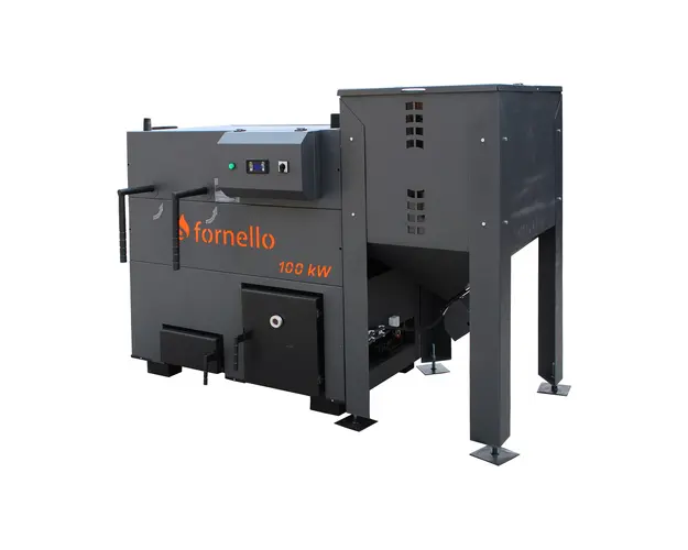 Centrala pe peleti Fornello Eco Energy 100 kW, echipata cu automatizare, afisaj digital, arzator fonta, curatare mecania a drumurilor de fum, buncar peleti integrat 350 kg