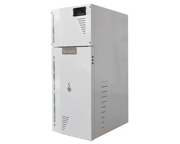 Centrala termica compacta pe peleti Fornello Rossi Camino Compact 35 kw, pompa de circulatie, vas expansiune, tiraj fortat, curatare manuala a arzatorului si a drumurilor de fum, Ecodesign, A+