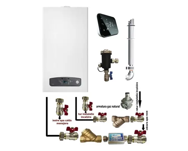 Centrala termica pe gaz in condensare Ariston CARES S 24 kW, clasa A, LCD, model nou, Salus IT500 wifi termostat ambient cu control prin internet, filtru antimagnetita si pachet instalare