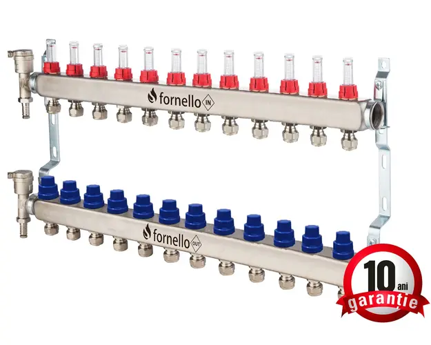 Distribuitor-Colector Fornello, echipat cu debitmetre, robineti si aerisitoare, inox, filet interior, 12 cai, 1""