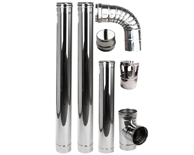 Kit de evacuare (cos de fum) Fornello, INOX, pentru centrale si termoseminee pe peleti, diametru 100 mm, etansare cu garnitura, complet pentru montaj, 2,5 metri lungime