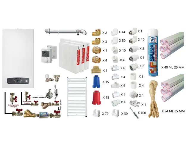 Pachet apartament cu 2 camere, centrala termica in condensatie Ariston Cares S 24 kW, kit evacuare inclus, termostat, calorifere otel, teava PPR si fitinguri, kit armaturi centrala, robineti calorifer