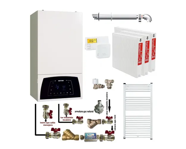 Pachet apartament cu 2 camere, centrala termica Motan Condens Plus 100 25 kW, condensatie, termostat, kit evacuare inclus, calorifere otel, kit armaturi centrala, robineti calorifer