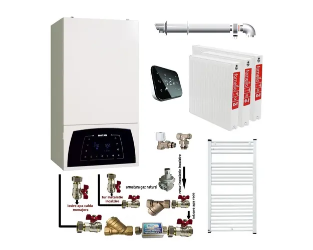 Pachet apartament cu 2 camere, centrala termica Motan Condens Plus 100 25 kW, condensatie, termostat Salus IT 500, kit evacuare inclus, calorifere otel, kit armaturi centrala, robineti calorifer