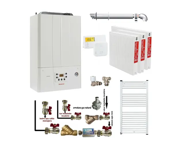Pachet apartament cu 2 camere, centrala termica murala in condensare Immergas Victrix TERA 24/28 1 ErP, Gaz, 24 kW, kit evacuare inclus, termostat, calorifere otel, kit armaturi centrala, robineti calorifere