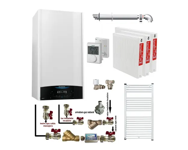 Pachet apartament cu 2 camere, centrala termica murala in condensare Ariston Genus One+ 24, Gaz, 24 kW, kit de evacuare inclus, termostat, calorifere otel, kit armaturi centrala, robineti calorifere