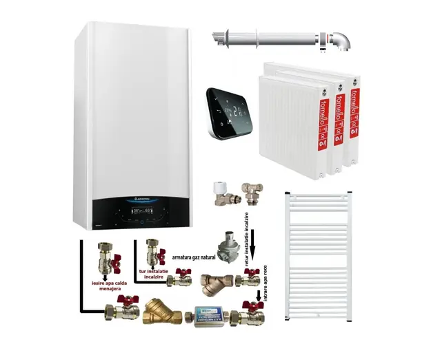 Pachet apartament cu 2 camere, centrala termica murala in condensare Ariston Genus One+ 24, Gaz, 24 kW, kit de evacuare inclus, termostat Salus IT 500, calorifere otel, kit armaturi centrala, robineti calorifere