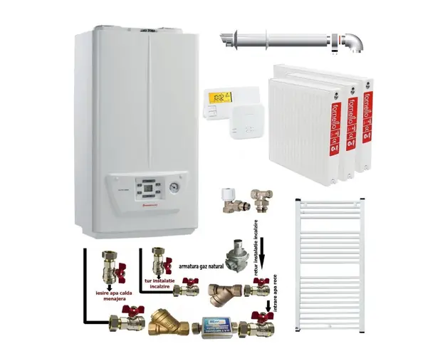 Pachet apartament cu 2 camere, centrala termica pe gaz in condensare IMMERGAS VICTRIX OMNIA 25, kit evacuare inclus, termostat, calorifere otel, kit armaturi centrala, robineti calorifere