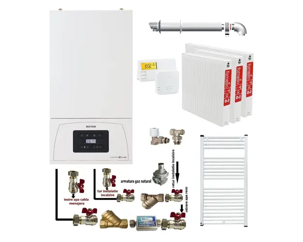Pachet apartament cu 2 camere, centrala termica pe gaz in condensare Motan Condens KPlus 22.5 kW, kit evacuare, termostat, calorifere otel, kit armaturi centrala, robineti calorifer